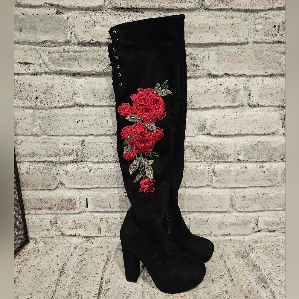 New Women Wild Diva Faux Suede Embroidered Drawstring Block Heel Boot Size 6